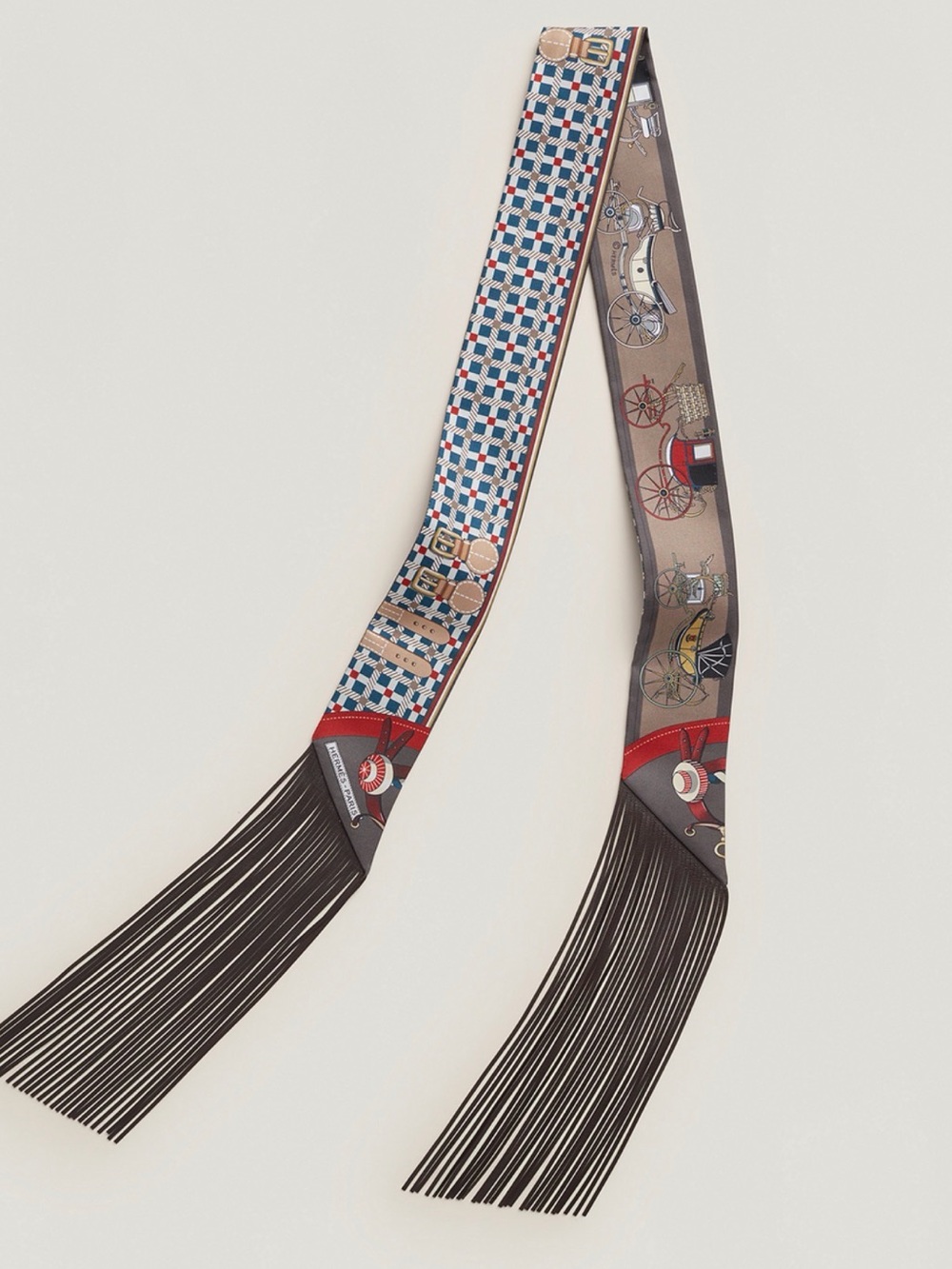 Hermès Brown, Blue & Red Silk Twilly with Fringe